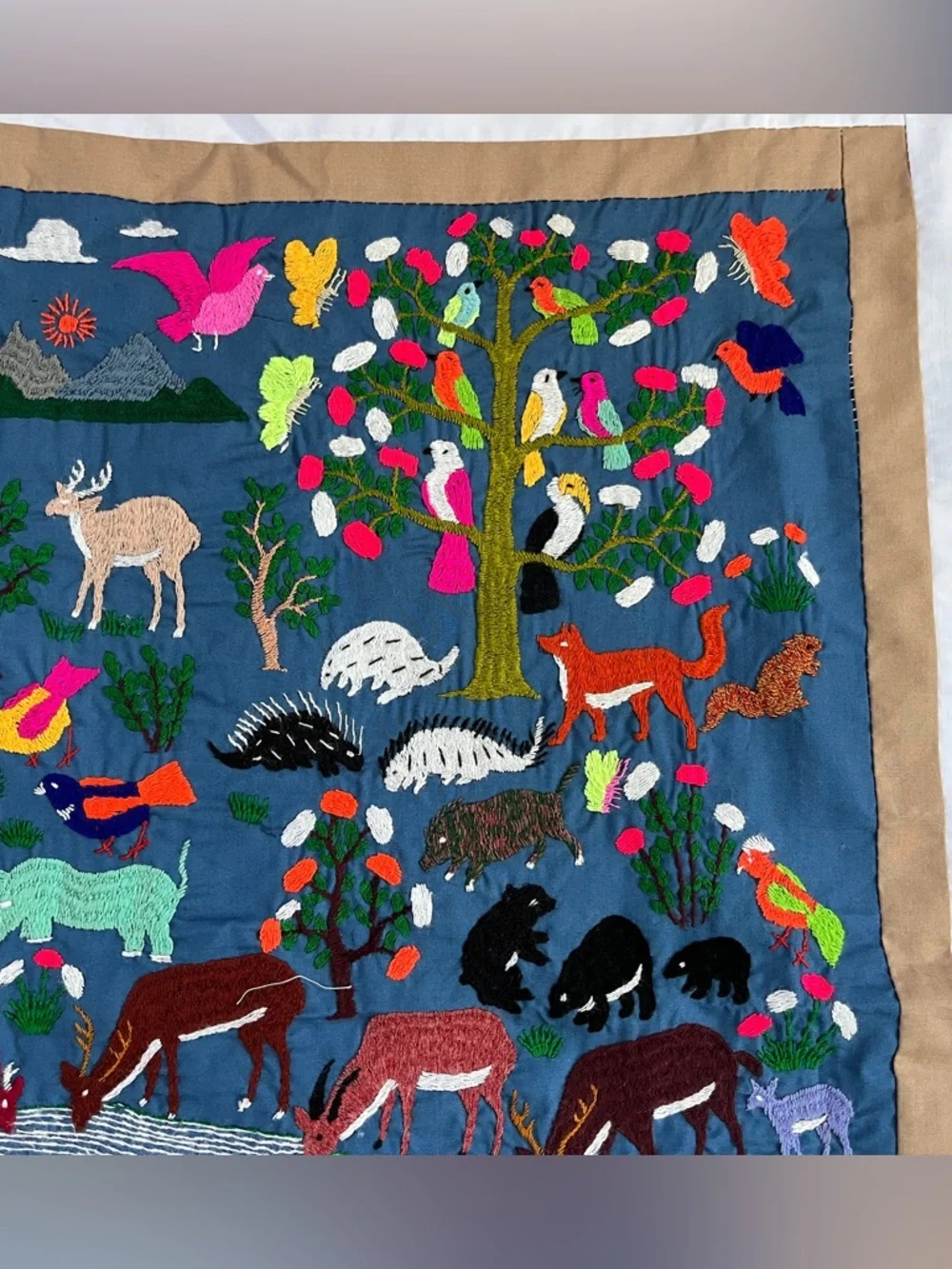 Vtg Hmong Thailand Story Cloth 36 x 38 Forest Jungle Animal Watering Hole Blue